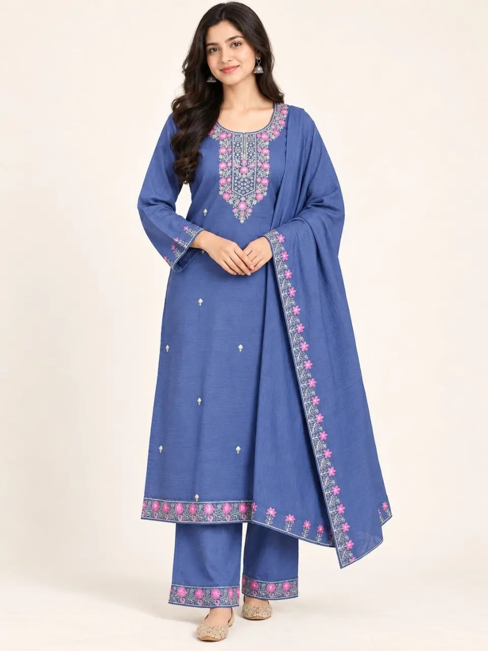 Women’s Blue Embroidered Kurta Plazo Set with Dupatta in cotton