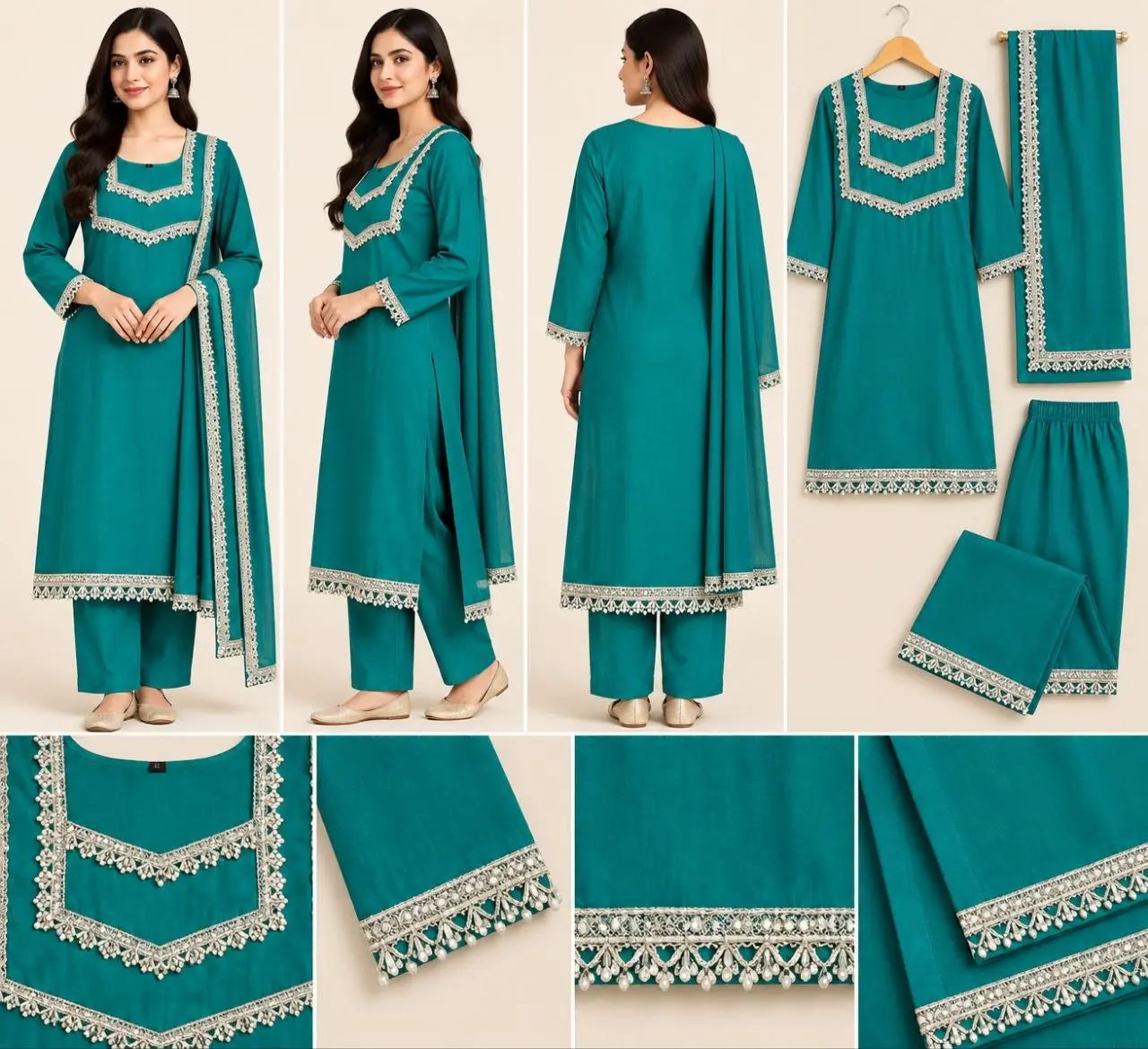 Women’s Teal Green Embroidered Cotton Suit Set — photo 3