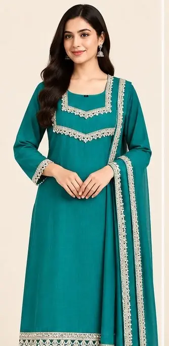 Women’s Teal Green Embroidered Cotton Suit Set in cottton