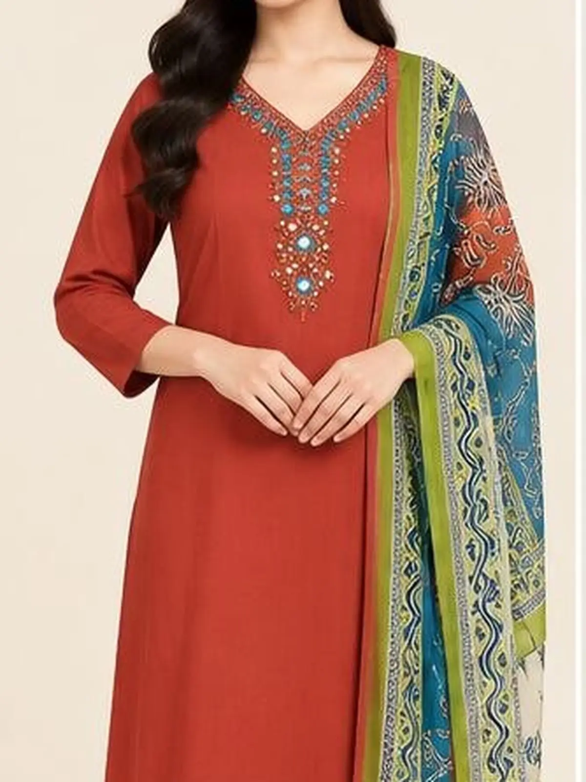 Women’s Rust Red Printed Cotton Suit Set with Dupatta in cottton